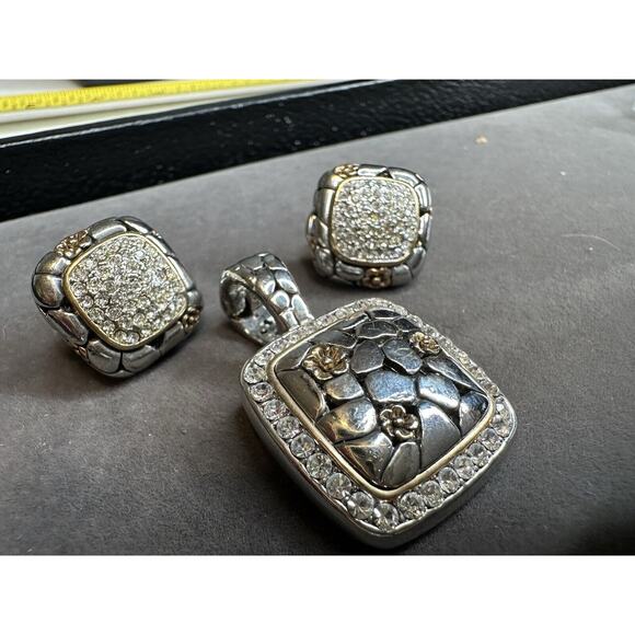 two tone Rhinestone, Paved, Magnetic Clasp, pendant & With Matching Earrings Set - Picture 1 of 15
